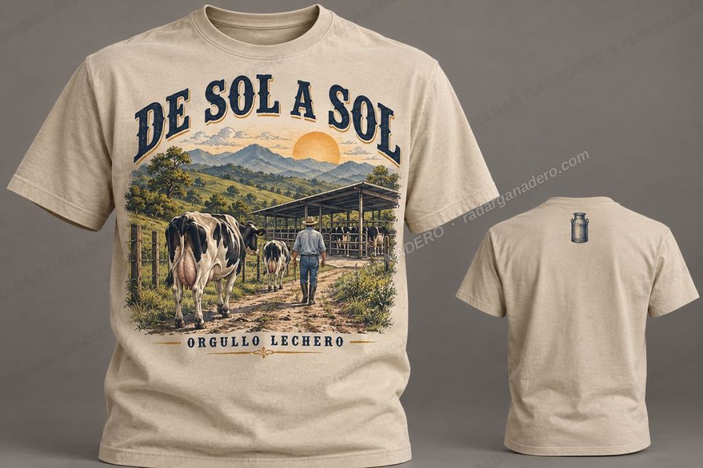 Camiseta color arena con el diseño De Sol a Sol: un lechero entre vacas Holstein camino al establo
