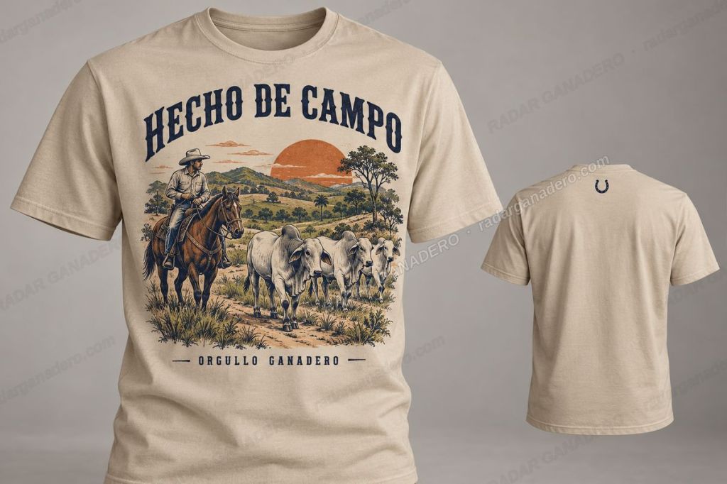Camiseta color arena con el diseño Hecho de Campo: un jinete arreando ganado Brahman al atardecer