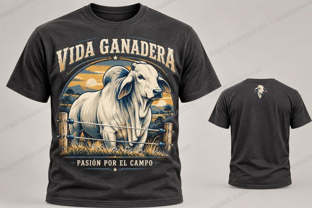 Camiseta color carbón con el diseño Vida Ganadera: un toro Brahman al atardecer